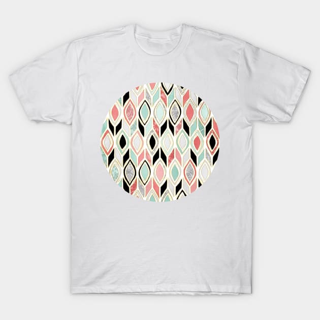 Patchwork Pattern in Coral, Mint, Black & White T-Shirt by micklyn